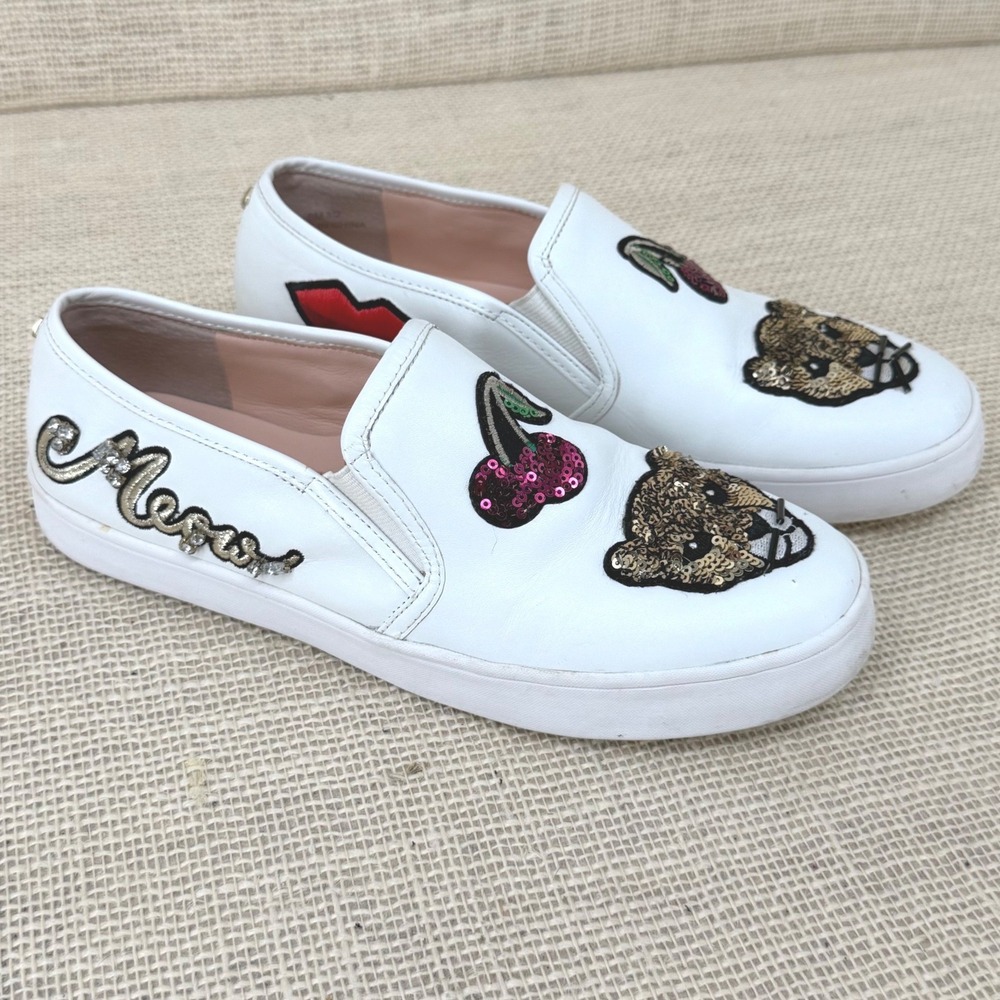 Kate Spade White Leather Embellished Meow Cheetah Cherry Slip On Sneakers 6.5M